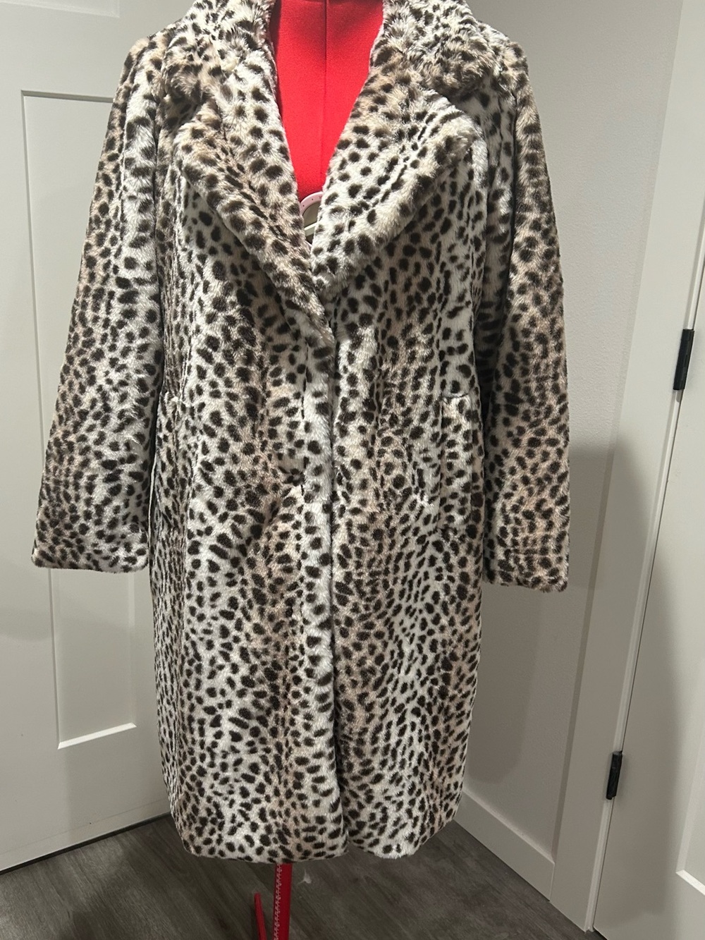Stoosh Leopard-Print Faux Fur Trench Coat in Cream and Brown